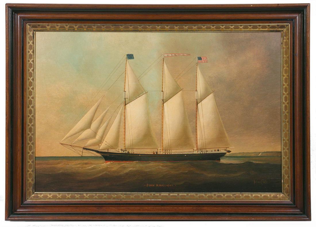 BRIAN COOLE (UK, 1939 - ): Three-Mast Schooner "John R. Halladay", a port-side portrait under full sail, with five figures on deck, in a 19th c. red walnut molded cove frame with etched gold liner, OS: 22" x 31", SS: 16 1/2" x 