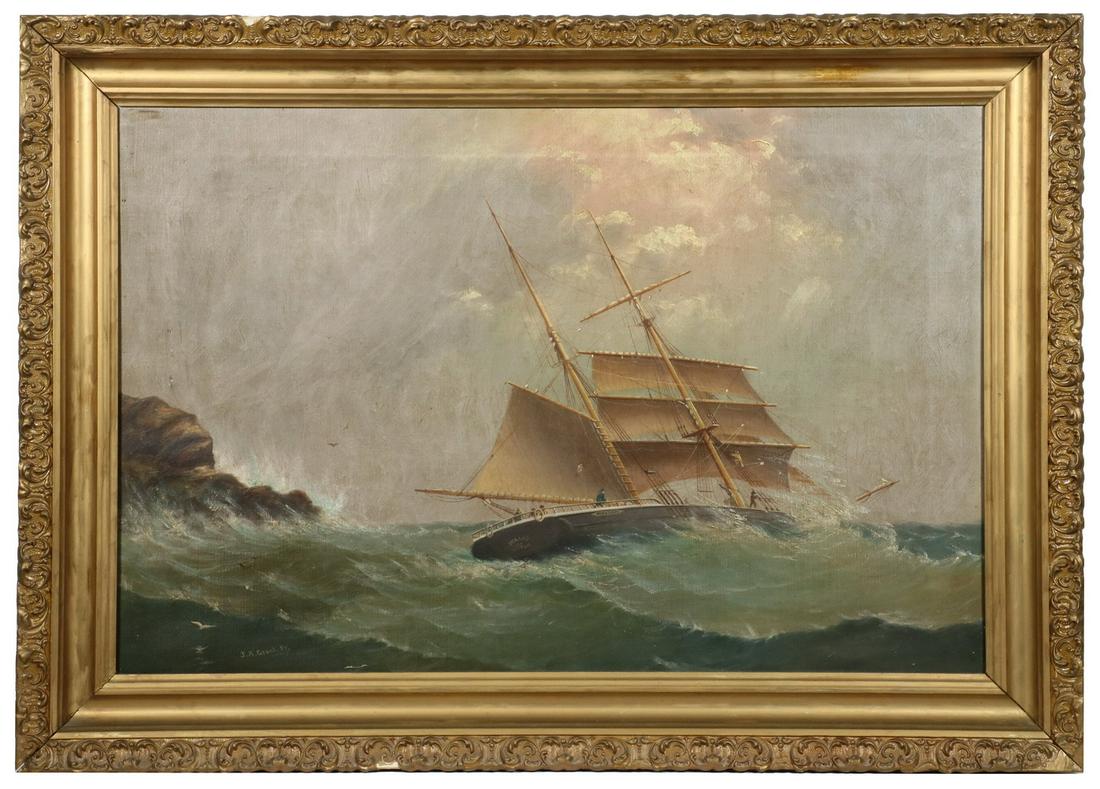 J.A. GRANT (MASS, LATE 19TH EARLY 20TH C.): The Barkentine 'Mikado' of Boston, Struggling Near Rocks in a Storm, oil on sailcloth, signed lower left, in gold cove gesso frame, OS: 26" x 36", SS: 19 1/2" x 29 1/2". Good condition.