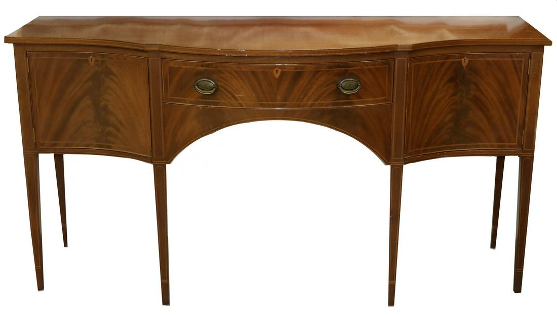 BIGGS FURNITURE CUSTOM MAHOGANY SIDEBOARD: Hepplewhite Style Inlaid Mahogany Bow Front Sideboard, by Biggs Furniture (Richmond, VA), overhanging top with string inlaid outer edge, center drawer flanked by two side cabinets with string inlaid a