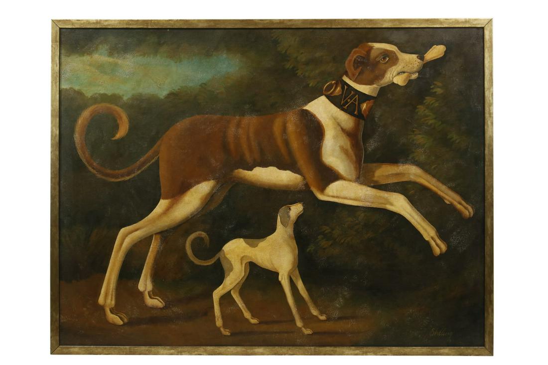 WILLIAM SKILLING (CA, 1862-1964): Naive Life-Sized Dog Portrait of a Royal Brown & White Whippet, oil on canvas, signed lower right, she is depicted with a bone in her mouth and wearing a collar initialed "V+A" (Victoria and Albert);