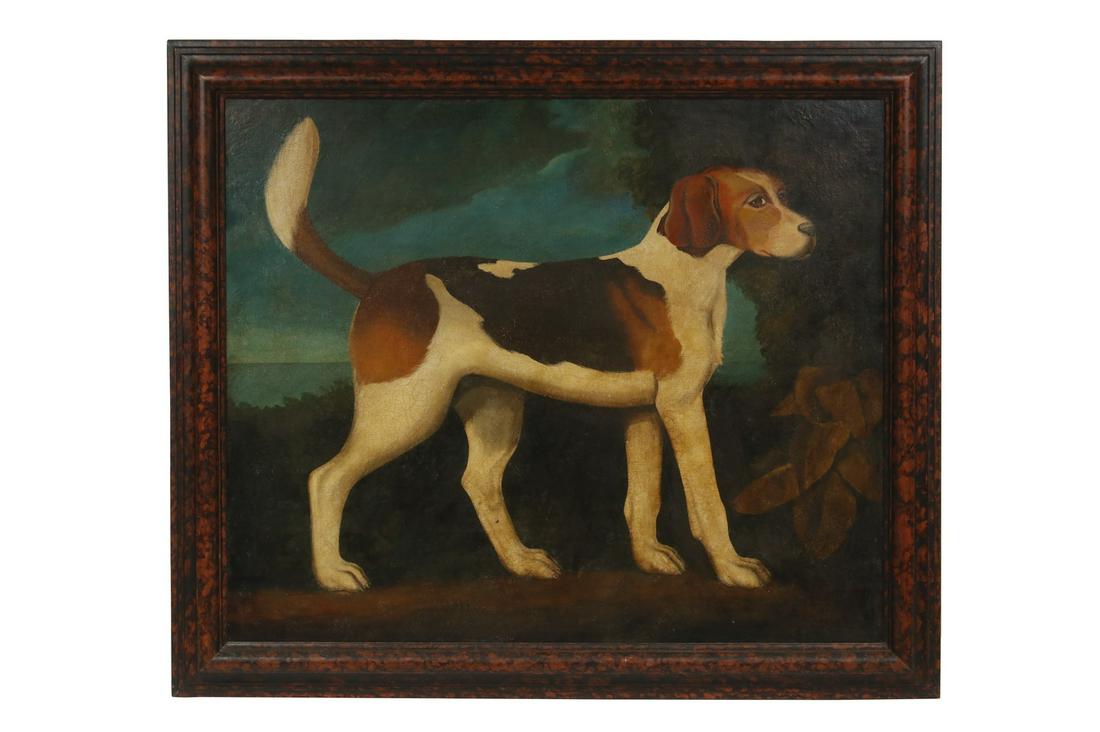 WILLIAM SKILLING (CA, 1862-1964): Naive Life-Sized Dog Portrait of a Hunting Hound, oil on canvas, signed lower right, presented in side view among forest growth with distant water, in a faux burled ogee frame, OS: 35 1/2" x 41 1/2",