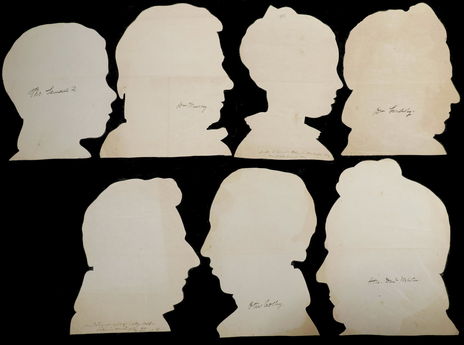 (11) LIFE SIZED UNFRAMED 1830'S SEWALL FAMILY PAPER: 'Cast Shadow' Silhouettes, (7) positive & (4) negative, all inscribed, one dated 1836, including (positives): "Hon. Daniel Webster" (1782-1852); "David Sewall, aged 47, May 1836, taken in Washington, 