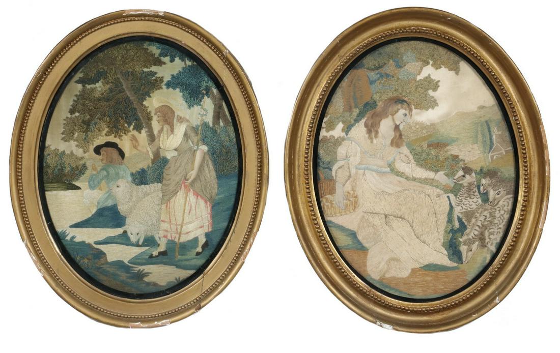 (2) FRAMED ENGLISH SILKWORK EMBROIDERIES: Lot of (2) Late 18th - Early 19th c. Silkwork Figural Pictures, with painted faces, in similar gilded wood oval frames with beading and reverse painted edge; one picture depicting a seated woman with 
