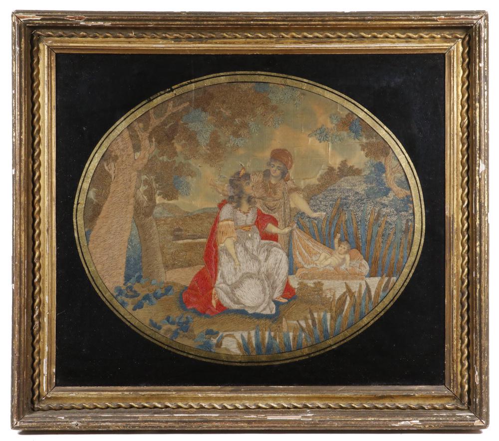 EARLY STITCHWORK PANEL: 18th c. Framed Silk Stitchwork Panel, depicting baby Moses in a basket among the reeds along the Nile, in a gilded and gesso wooden frame with reverse painted mat, OS: 19 3/4" x 22 1/2", SS: 13" x 15 