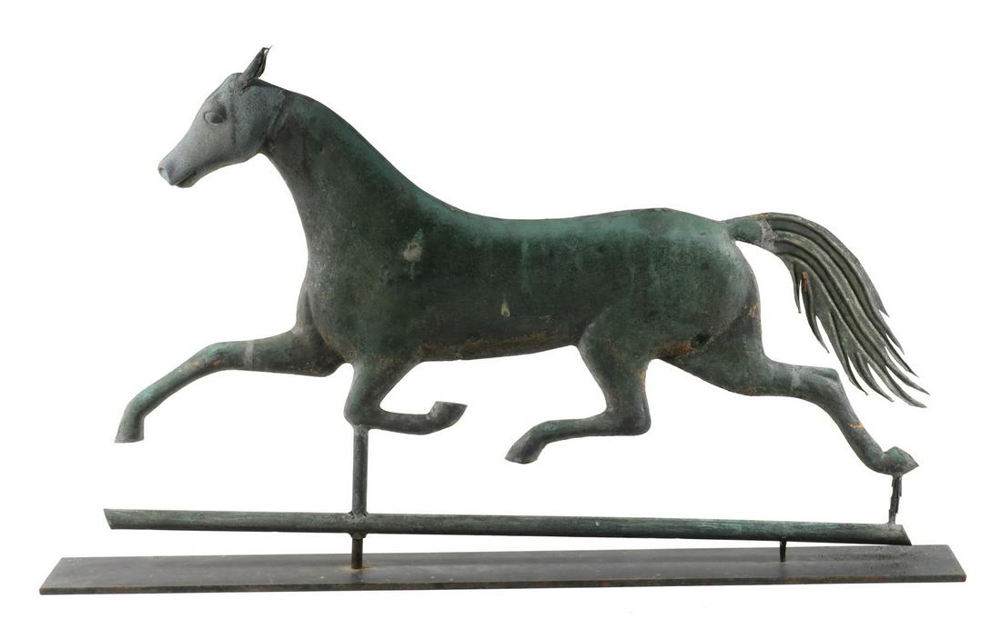 JEWELL RUNNING HORSE WEATHERVANE: A. L. Jewell made this running horse weathervane from 1853 to 1867; when Cushing and White assumed the business in 1867 they stopped making this style in favor of one of their own design. Flattened fu