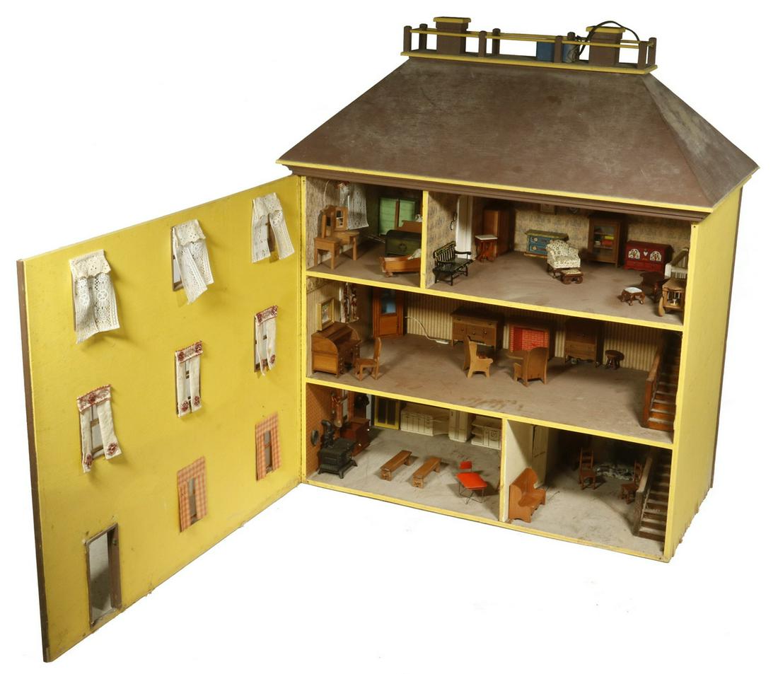VINTAGE DOLLHOUSE AND FURNISHINGS: Large Mid-20th c. Hand Crafted Wooden Three-Story Dollhouse, electric lighted interior, mansard roof with two chimneys, yellow exterior with eight windows and entry door, side with three windows, inte