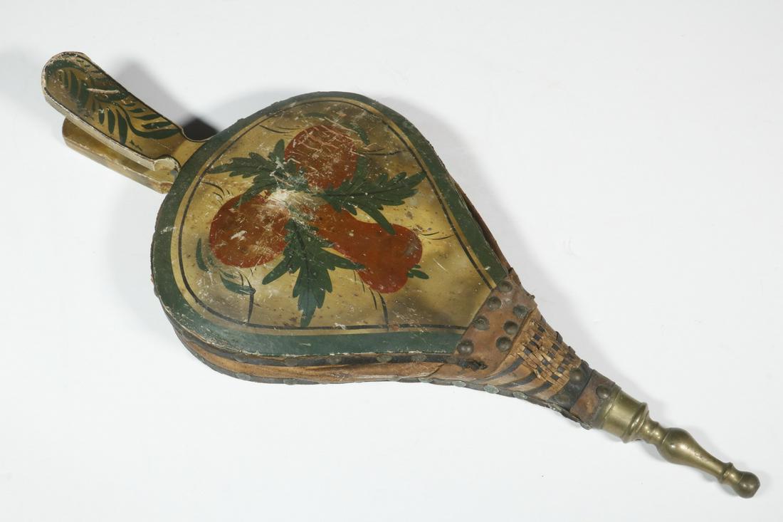 EARLY PAINT DECORATED BELLOWS: American 19th c. Wood & Leather Fireplace Bellows, with stenciled fruit and foliage decoration on a yellow painted ground, edge tacks and brass tip, 17" long, 7" wide. Paint losses and surface wear, l