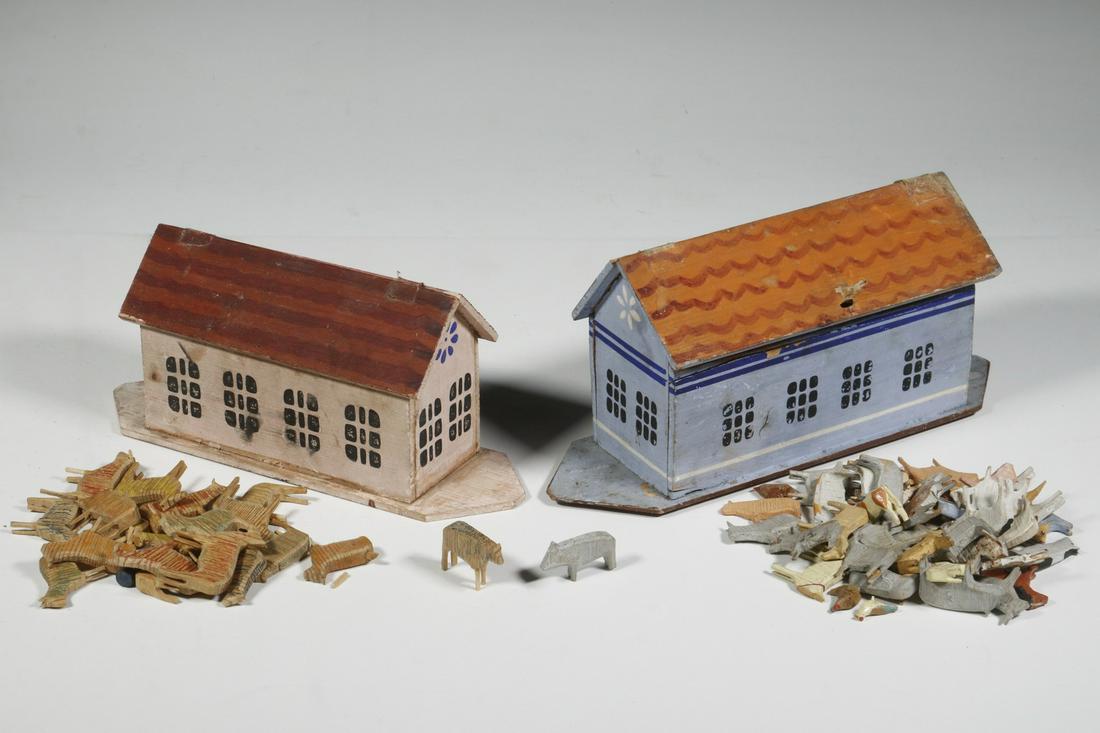 (2) FOLK ART NOAH'S ARK SETS: Group of (2) Late 19th - Early 20th c. German Flat Bottom Wooden Noah's Ark Sets, incl: Blue painted ark, with tape hinged roof and beveled base edge, includes (45) carved animal figures, 4 3/4" high,
