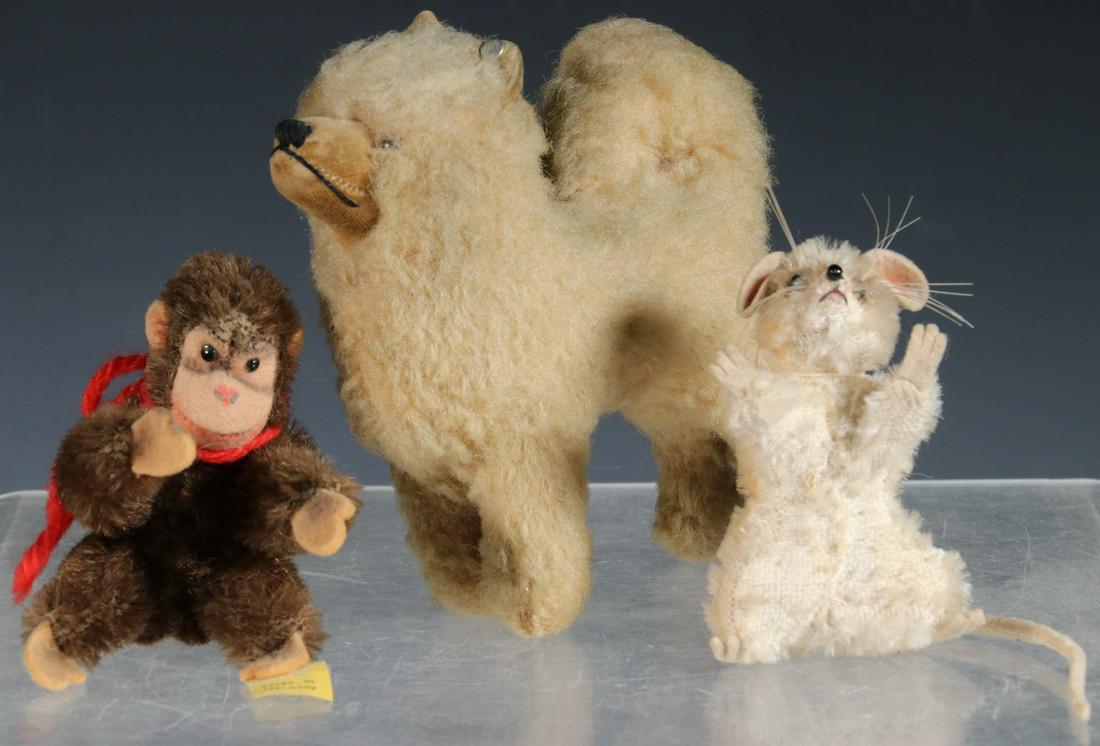 (3) MINIATURE STEIFF ANIMALS: Group of (3) Vintage Steiff Animals, incl: Chow chow dog, early 1950s, with felt snout and ear button, glass eyes, 4 3/4" high, surface wear; "Jocko" monkey, with original button and tag, 1950s, with 