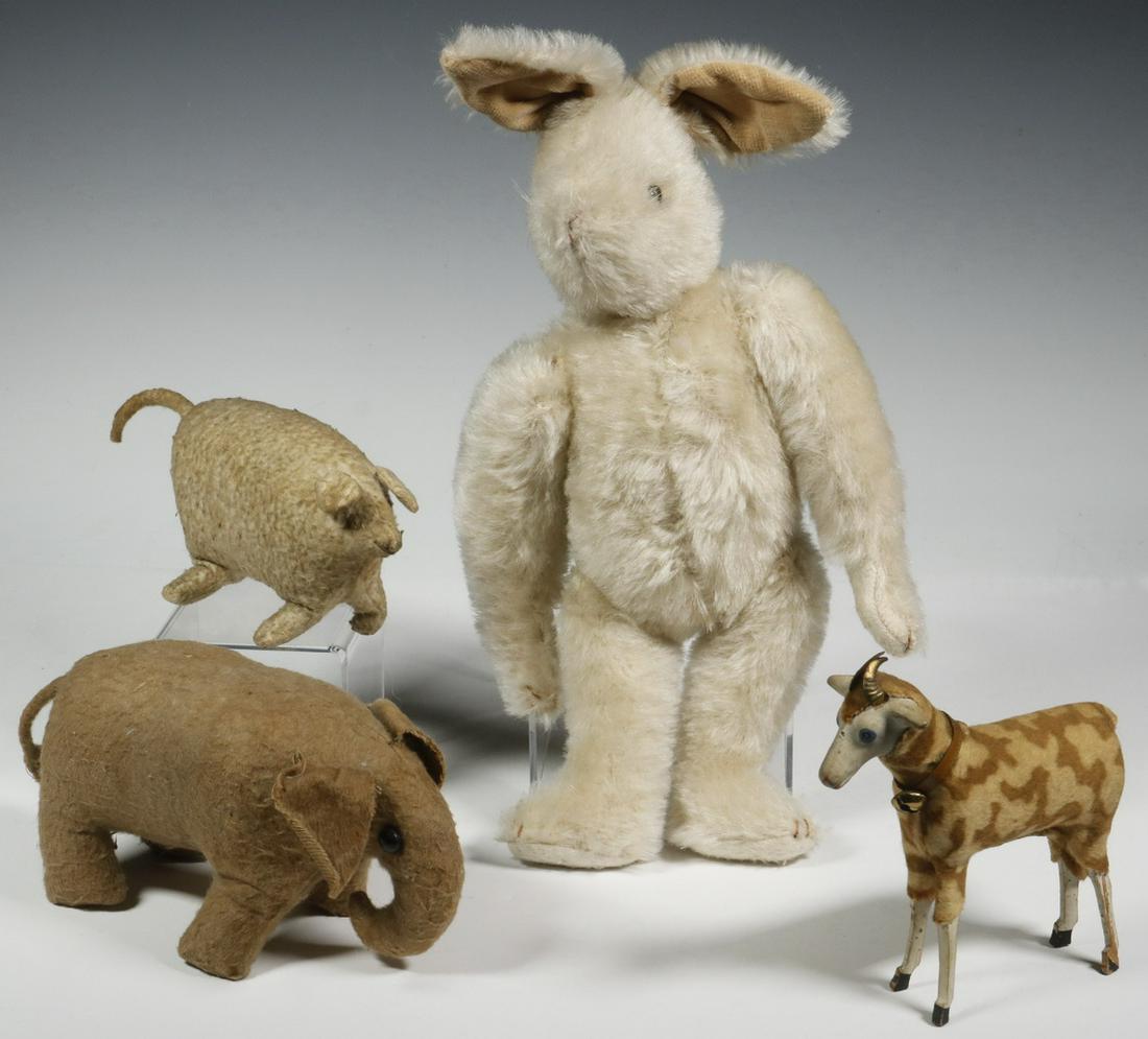 (4) VINTAGE ANIMAL TOYS: Lot of (4) Assorted Early to Mid-20th c. Animals, incl: Jointed standing rabbit, velvet lined ears, shoe button eyes, embroidered nose, mouth and paws, 13" high; Stuffed elephant toy, with shoe button