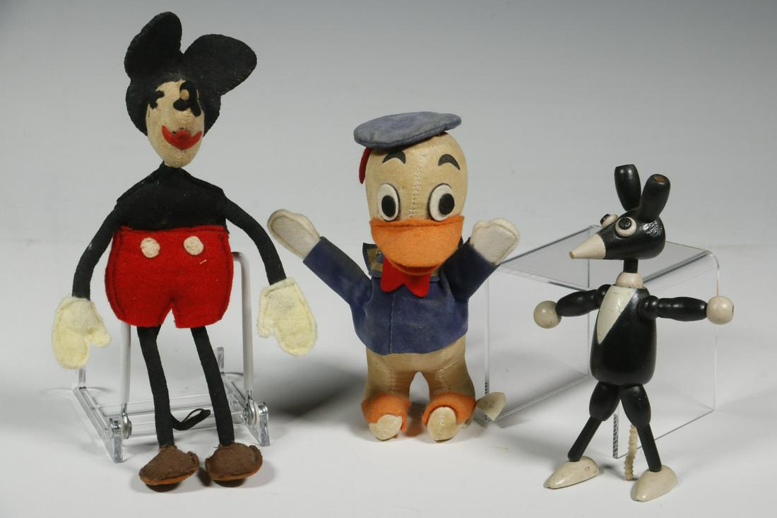 (3) VINTAGE TOYS, IGNATZ, DONALD DUCK & MICKEY MOUSE: Group of (3) Toys, incl: Jaymar jointed wooden Ignatz mouse, c. 1930s, 5" high, paint craquelure; Walt Disney Productions plush Donald Duck, made in Japan, 6 1/4" high, fading of hat and jacket; and V