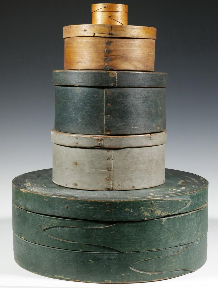 (5) SMALL, MEDIUM TO LARGE 19TH C. MAINE PANTRY BOXES: Including: Forest Green painted heavy duty (stave sided with recessed foot), double finger joints, 7" x 17", stains to top; PLUS Dove Grey painted, straight joint, 4 1/4" x 9 3/4" diam.; PLUS Forest G