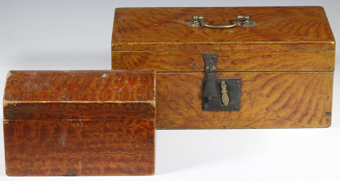 (2) 19TH C. MAINE GRAIN DECORATED DOCUMENTS BOXES: Both in Vinegar Grain Decorated Pine, circa 1820-40, including: Flat Topped Box with brass lift bail on lid, original iron latch and lock, unfinished interior, 5" x 12" x 6", good condition, some soil