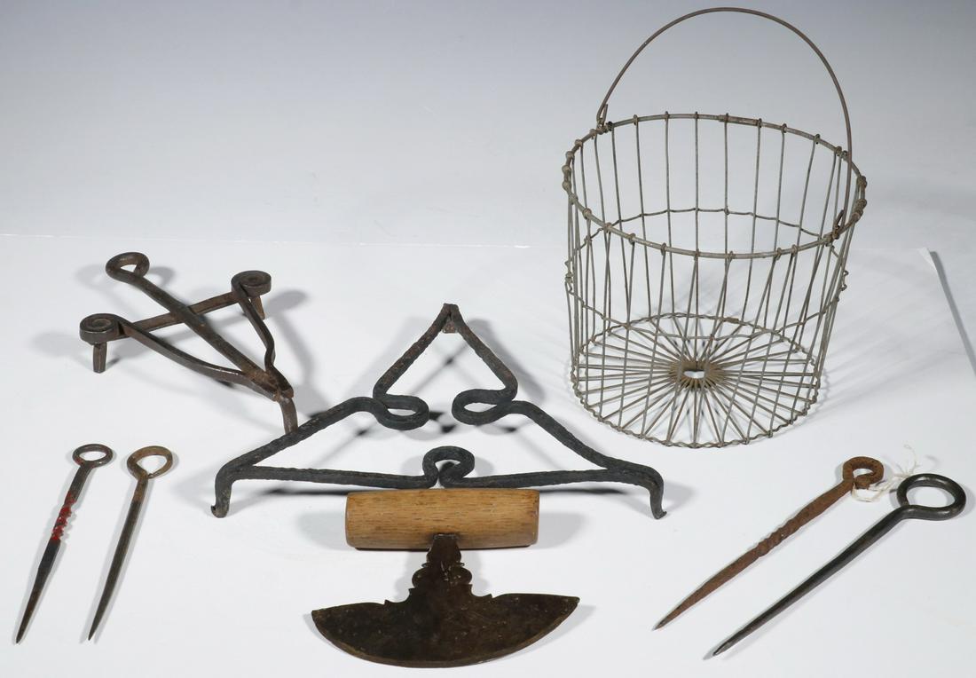 (5) IRON KITCHEN IMPLEMENTS: (5) Piece Collection of 19th c. Kitchen Tools, incl: Wood handled foot chopper, with fancy shaped blade, 5 1/8" x 5 3/4"; Wrought iron triangular trivet, 10 1/2" x 10 1/2"; Fancy hand wrought iron tri