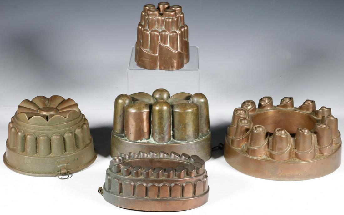 (5) COPPER FOOD MOLDS: Lot of (5) 19th c. European Copper Food Molds, with tin lining (some with only traces of lining); three are unmarked and probably French; smallest one is by Benham & Froud, London, with orb and ankh m