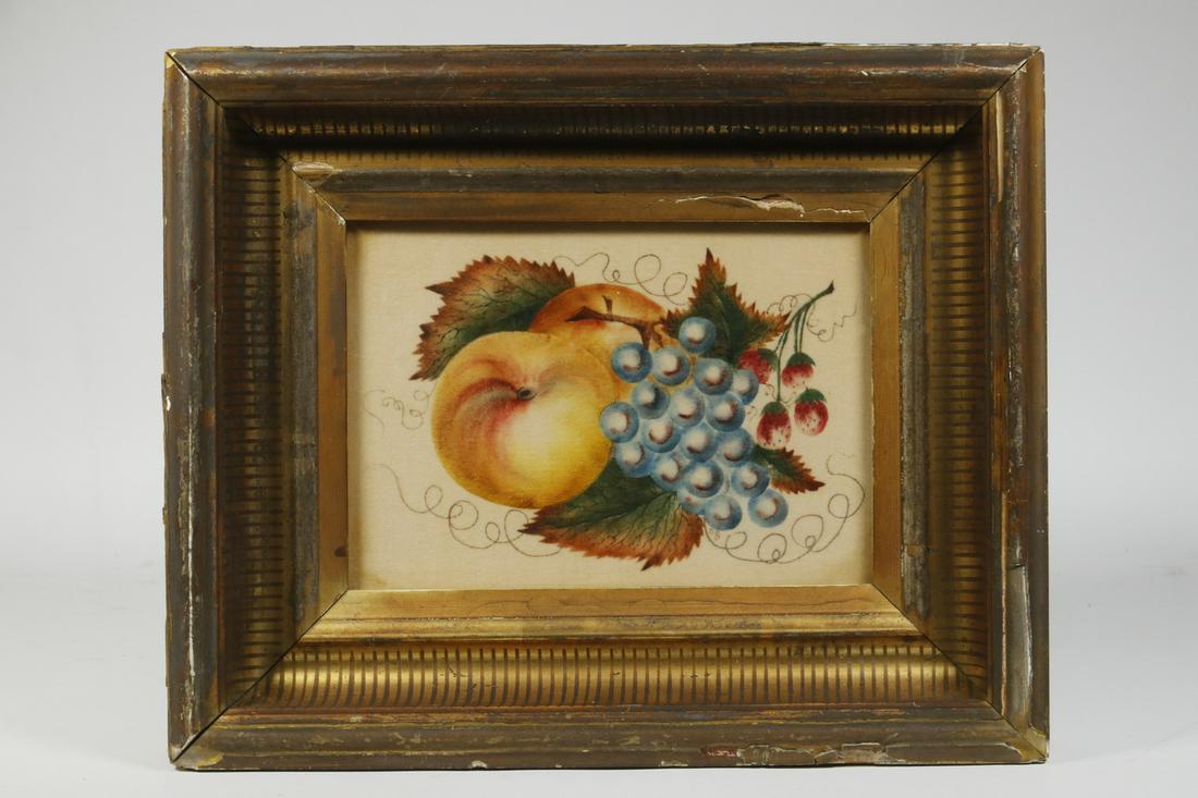 EARLY 19TH C. FRAMED THEOREM: Folk Art Stencil Painting of Apples, Grapes and Grape Leaves, watercolor on buff velvet, circa 1830, New England, in the original deep cove lemon gold frame, glazed, OS: 10" x 12", SS: 5 1/4" x 7 1/4"