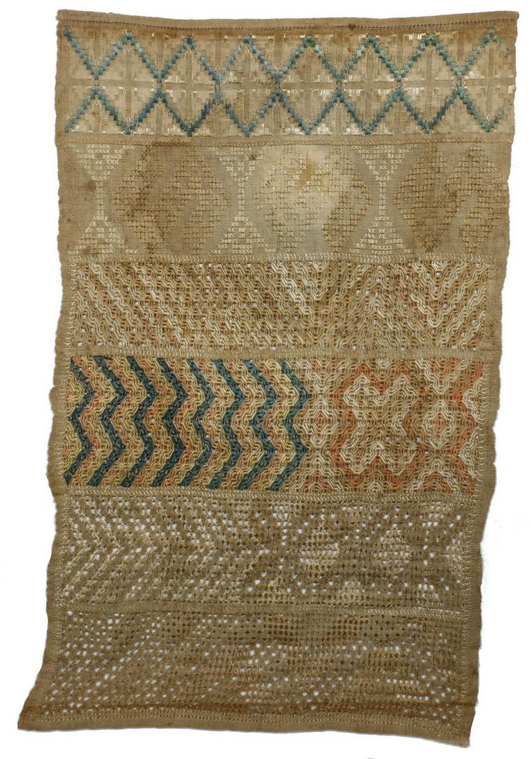 AMERICAN COLONIAL TEXTILE: 18th c. Banded Crochet and Needlework Sampler, in linen and silk, patterned network, with orange and green on natural field, under a sheet of glass with metal clip closure, OS: 24" x 18", roughly 22" 