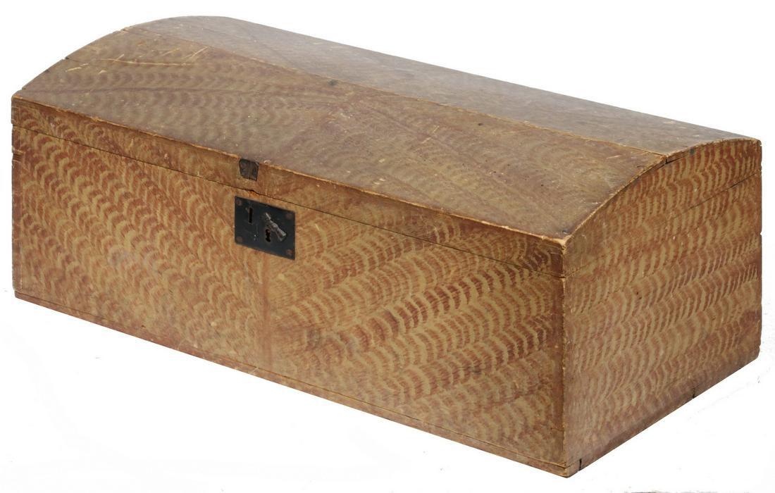 19TH C. MAINE PAINTED DOME TOP TRUNK: Vinegar Painted Pine, sponge decorated in russet over ochre, lid on butt hinges, no lifts, 12" x 30" x 11". Some scuffs and scratches, top joint of lid opening up. Provenance: From the estate of Richa