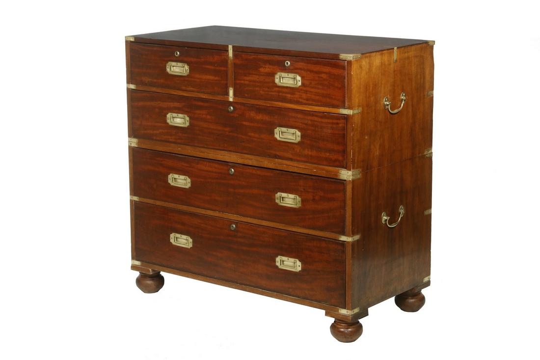 CAMPAIGN CHEST: 19th c. Chest in Brass Bound Figured mahogany, two over three drawers, pine secondary, having brass flush mount drop bail handles, locks, large brass side lifts, resting on bun feet, 40 1/2" x 42" x 2