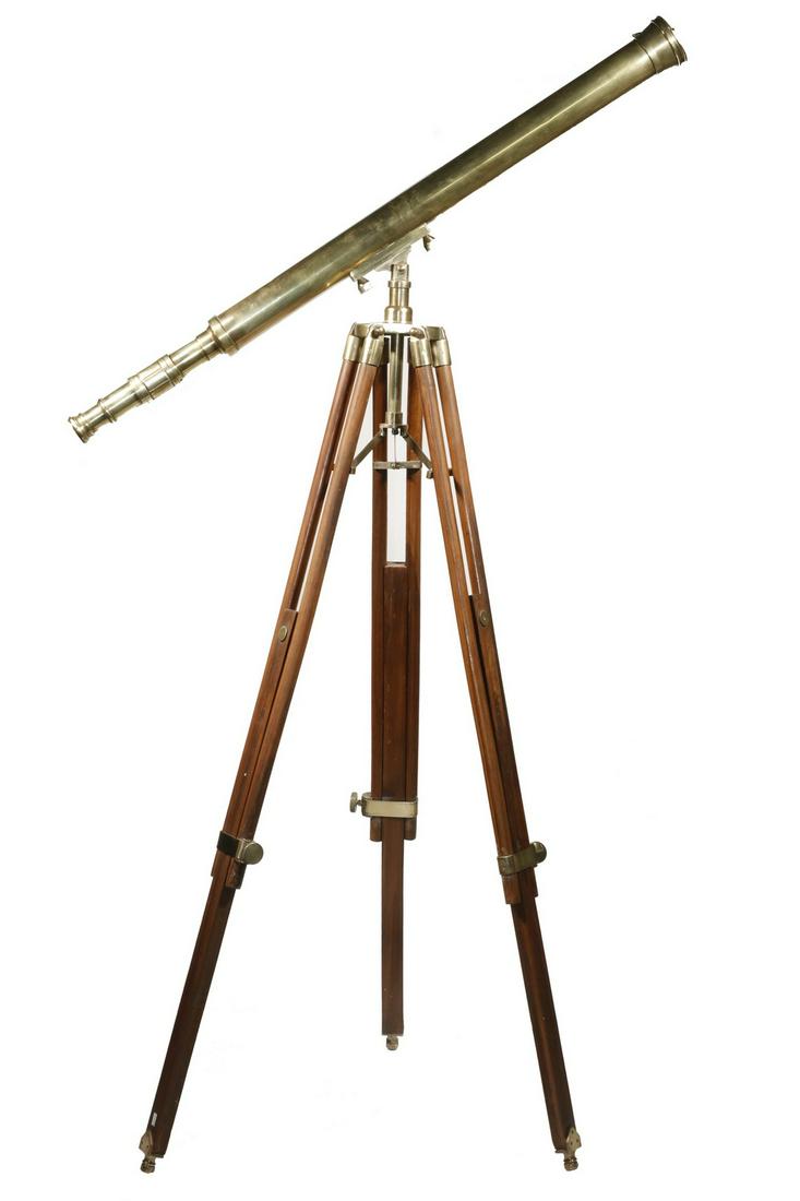 19TH C. ENGLISH BRASS TELESCOPE ON TRIPOD BASE, SIGNED: Circa 1880 Solid Brass Terrestrial Telescope, lacquered, having twist ring focus, marked "Thos J Evans, London", 39" tube with 2" objective, lens cover with chain safety, including adjustable teak and