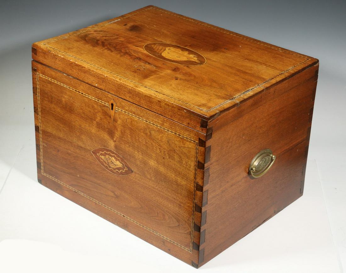 INLAID FEDERAL LIQUOR CHEST: Early 19th c. American Inlaid Mahogany Liquor Chest, exposed dovetailed construction with brass oval eagle drop bail side handles, conch shell patera and parquetry edging to lid and front panels, inla