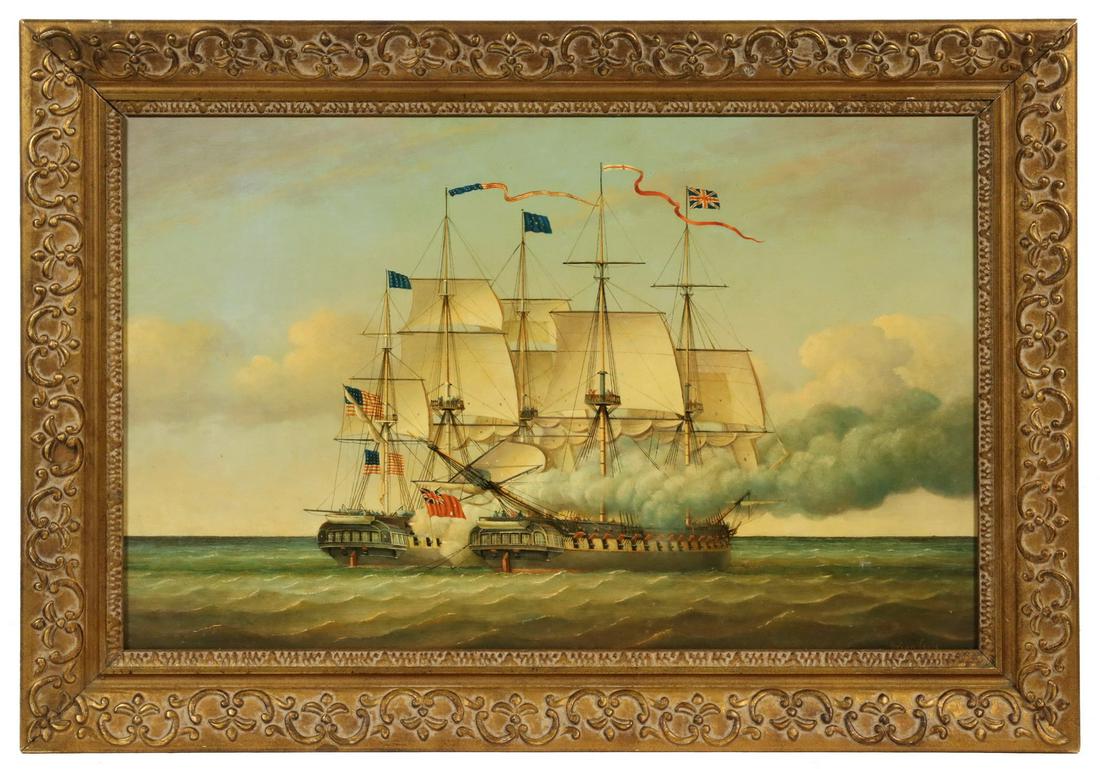 BRIAN COOLE (MA/UK, 1939 - ): "USS Constitution vs. HMS Guerriere", depicting the War of 1812 naval battle, resulting in an American victory, oil on board, signed lower right, in a replica gold gesso frame, OS: 20" x 29", SS: 15" 