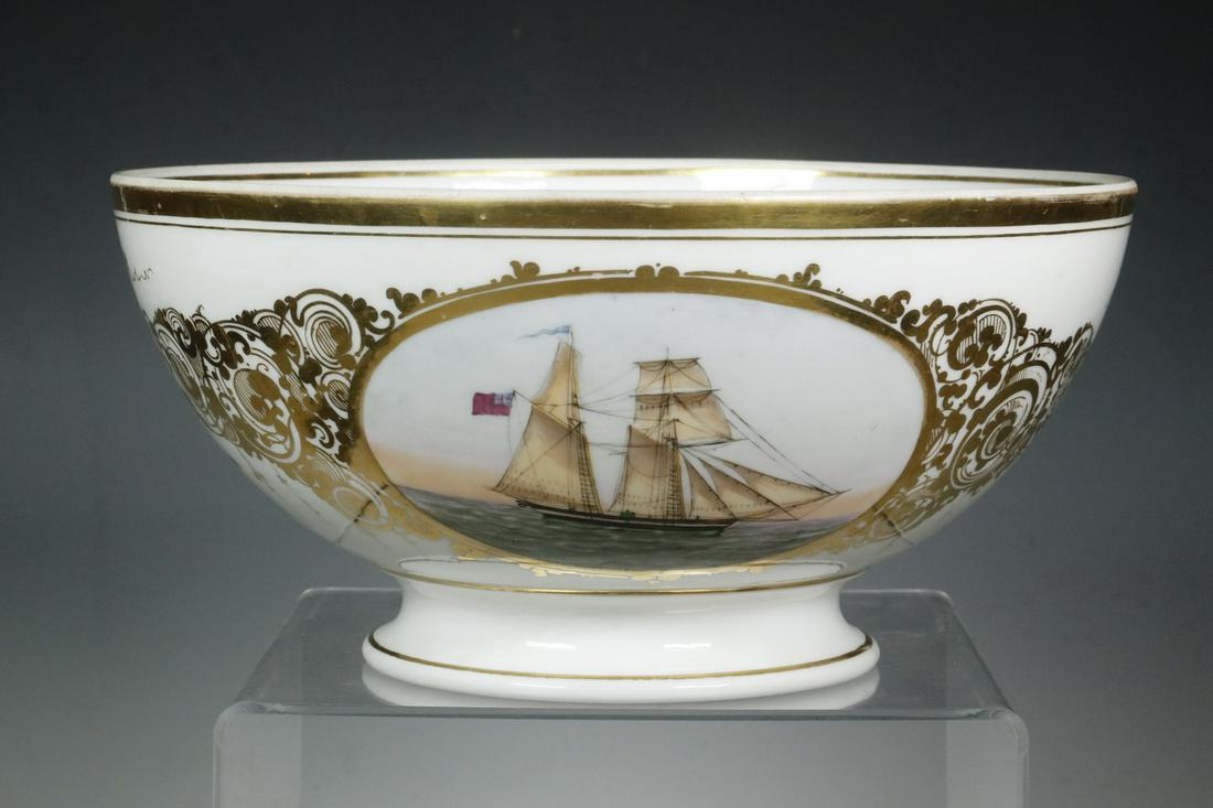 STAFFORDSHIRE IRONSTONE PUNCH BOWL WITH NAUTICAL THEME: Mid-19th c. English Footed Punch Bowl, with hand painted image of a British topsail schooner, and gilded presentation "May Prosperity Attend Mrs. Catherine Evans, Success to the Ellen Catherine of Abe