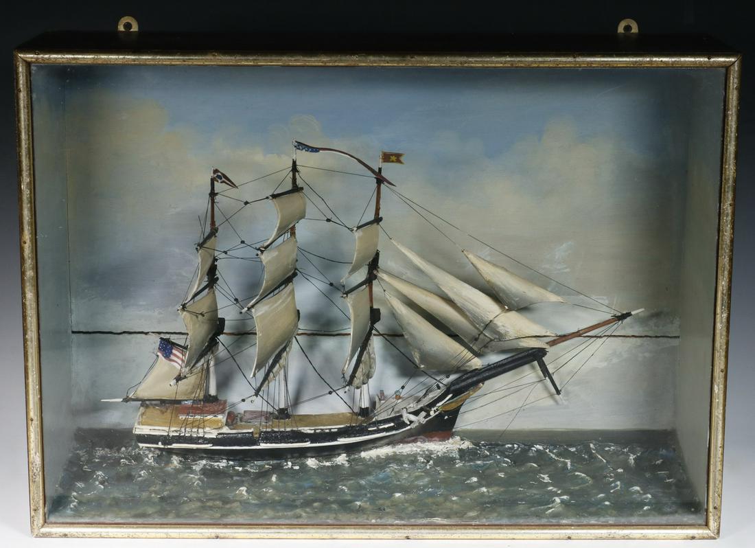 19TH C. SHIP DIORAMA: American Three Mast Ship Underway, half hull, rigged with wooden sails, on modeled plaster ocean surface, with pale blue sky surround, gilt bullnose front edge on dark brown painted case, under old gl