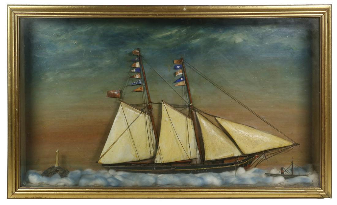 RACING BOAT DIORAMA: Fore and Aft Rigged Schooner, circa 1890, running the West End Yacht Club flag and crossing into Boston Harbor past the light, having painted wooden hull and sails, set into a shadowbox with realistic