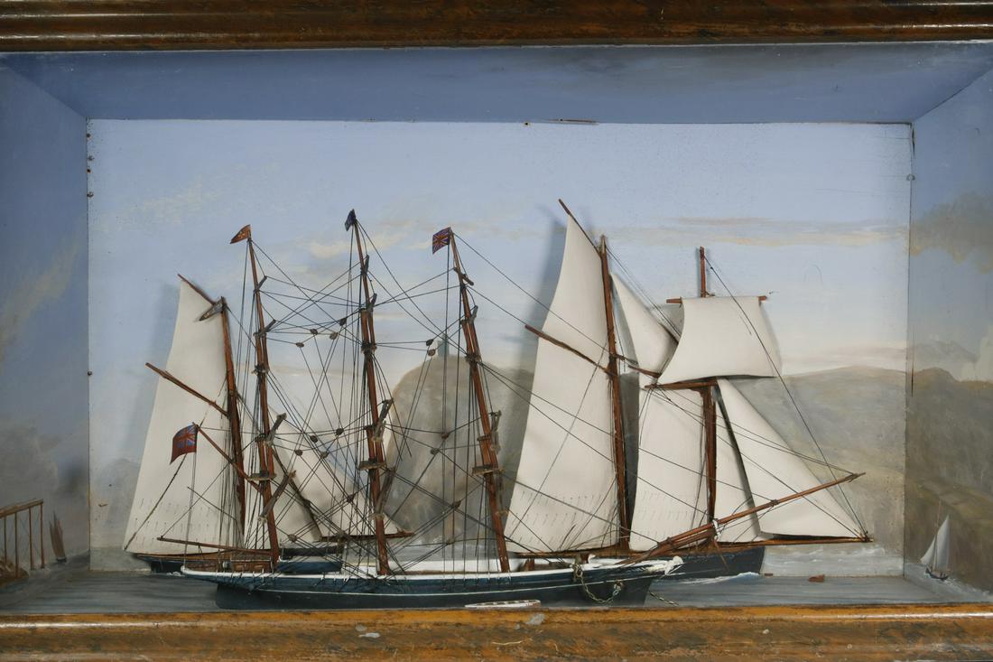 19TH C. CANADIAN SHIP DIORAMA: The Narrows, St. John's Newfoundland; featuring a British Three Mast Ship with black hull and British ensign, moored off shore, having two craft coursing between it and Signal Hill, the American Schoo