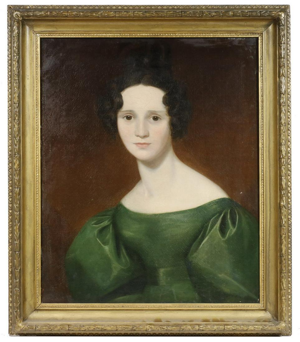 THOMAS SULLY (PA/UK, 1783-1872), ATTRIBUTED: Portrait of a Lovely Brown Eyed Brunette Woman in a Forest Green Dress, circa 1840, oil on canvas, unsigned, in a vintage gold gesso deep cove frame, OS: 29" x 25", SS: 23 1/4" x 19 1/4". Cleaned and