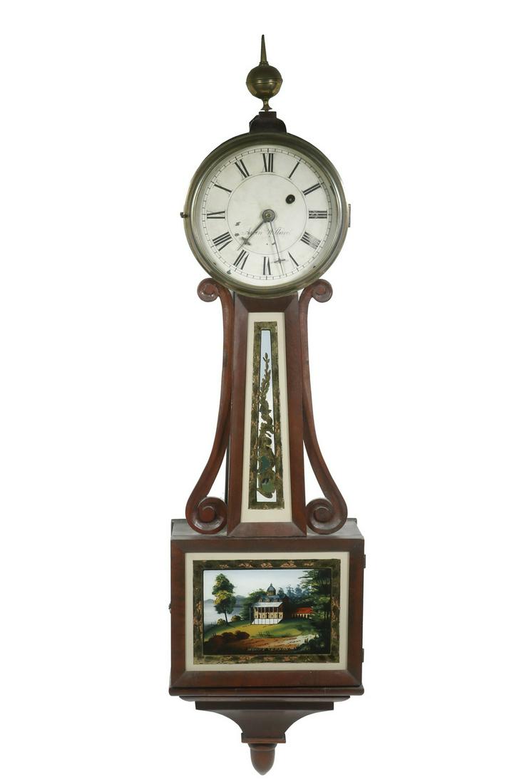 MASSACHUSETTS FEDERAL PERIOD BANJO CLOCK: Early 19th c. Mahogany Banjo Clock, dial signed 'Aaron Willard', with eglomise panels, time only movement with pendulum and key, brass sphere form top finial, brass bezel with convex glass cover, pain
