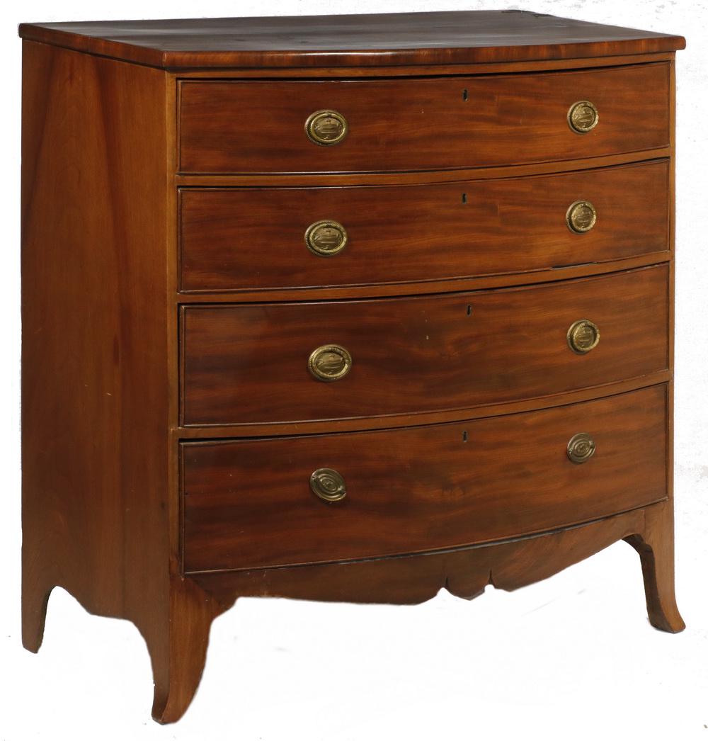 HEPPLEWHITE BOW FRONT CHEST: Early 19th c. Cherry Chest of Drawers, overhanging top with four graduated cockbeaded edge drawers, oval brass drop bail pulls (replacements), shaped apron and French feet, 42 1/4" high, 41 3/4" x 20 