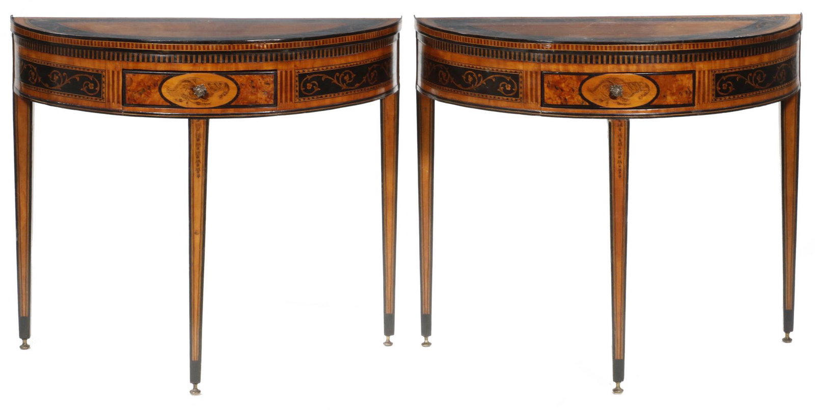 RARE PR INLAID DEMILUNE HALL TABLES: Pair of English Period Inlaid Hepplewhite Demilune Tables, in exotic woods and ebony with inked decoration, galleried edge top with bookmatched veneers and inlaid ebony panels with inked swirls and cl