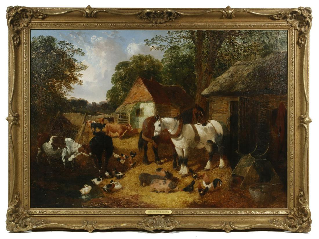 JOHN FREDERICK HERRING, JR. (UK, 1815-1907): A Crowded British Barnyard, oil on canvas, signed lower right center, featuring horses, cows, pigs, rabbits and chickens in front of two thatched outbuildings, in the distance a stone tower with a red