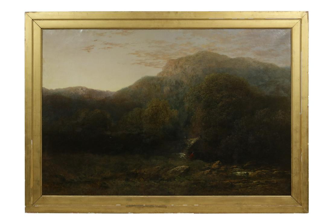 PETER DEAKIN (UK, 1830-1899): Figure in Scottish Highland Landscape with stream and dilapidated log cabin, oil on canvas, signed verso, in gilt frame liner, OS: 28 1/2" x 40 1/2", SS: 23 1/2" x 35 1/2". Repaired tear lower left.