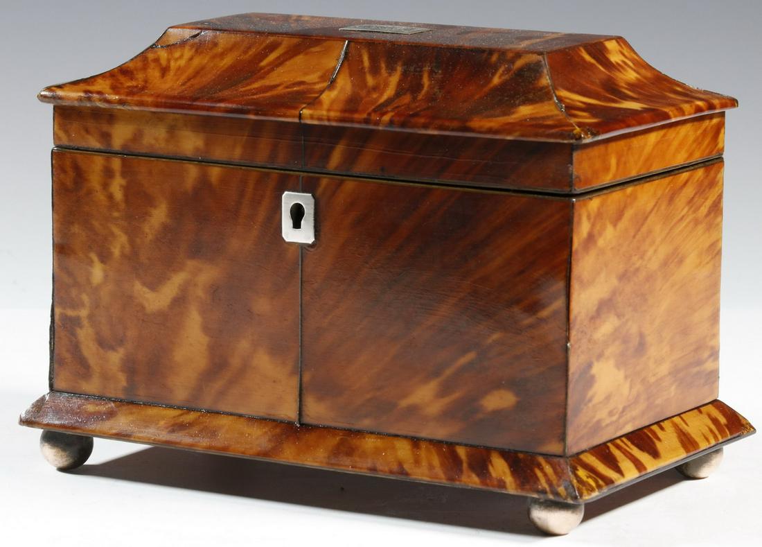 TORTOISESHELL TEA CADDY: English 19th c. Pagoda Form Tortoiseshell Tea Caddy, with metal stringing, silver lid plaque engraved 'MWI' and silver lock escutcheon (with key), skirted base edge and metal ball form feet, velvet li