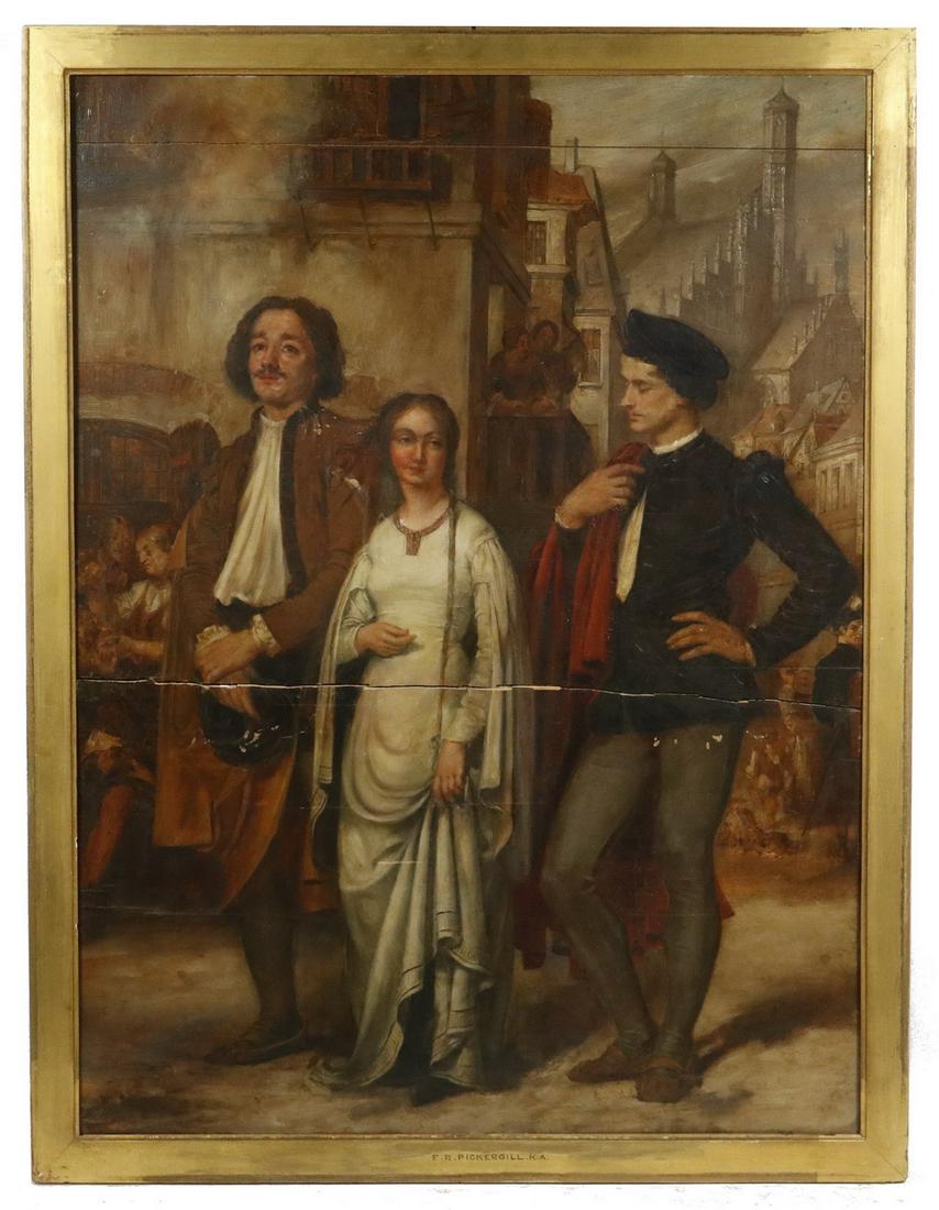 FREDERICK RICHARD PICKERSGILL, R.A. (UK, 1820-1900): "Two Strings to Her Bow", oil on panel, signed lower left, in the original gilt frame liner, (with his name misspelled!), OS: 32" x 24", SS: 29 1/2" x 21 1/2". Two shrinkage cracks, scuffs.