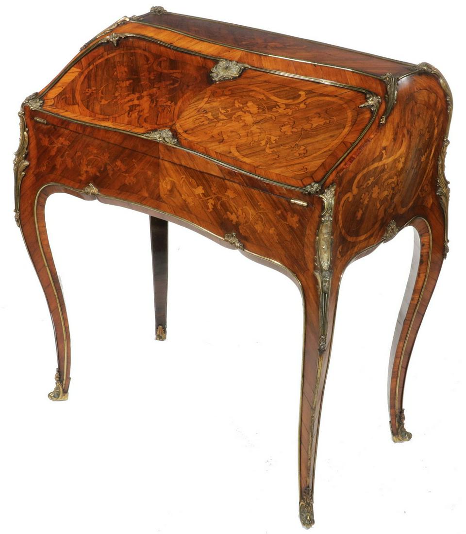 FRENCH BOMBE MARQUETRY PETITE LADY'S DESK WITH ORMOLU: Highest Quality Lady's Desk, in rosewood with exotic inlays, brass ormolu trim, every surface curved, locking slant front (with key) conceals gilt green leather writing surface, fitted interior of thr