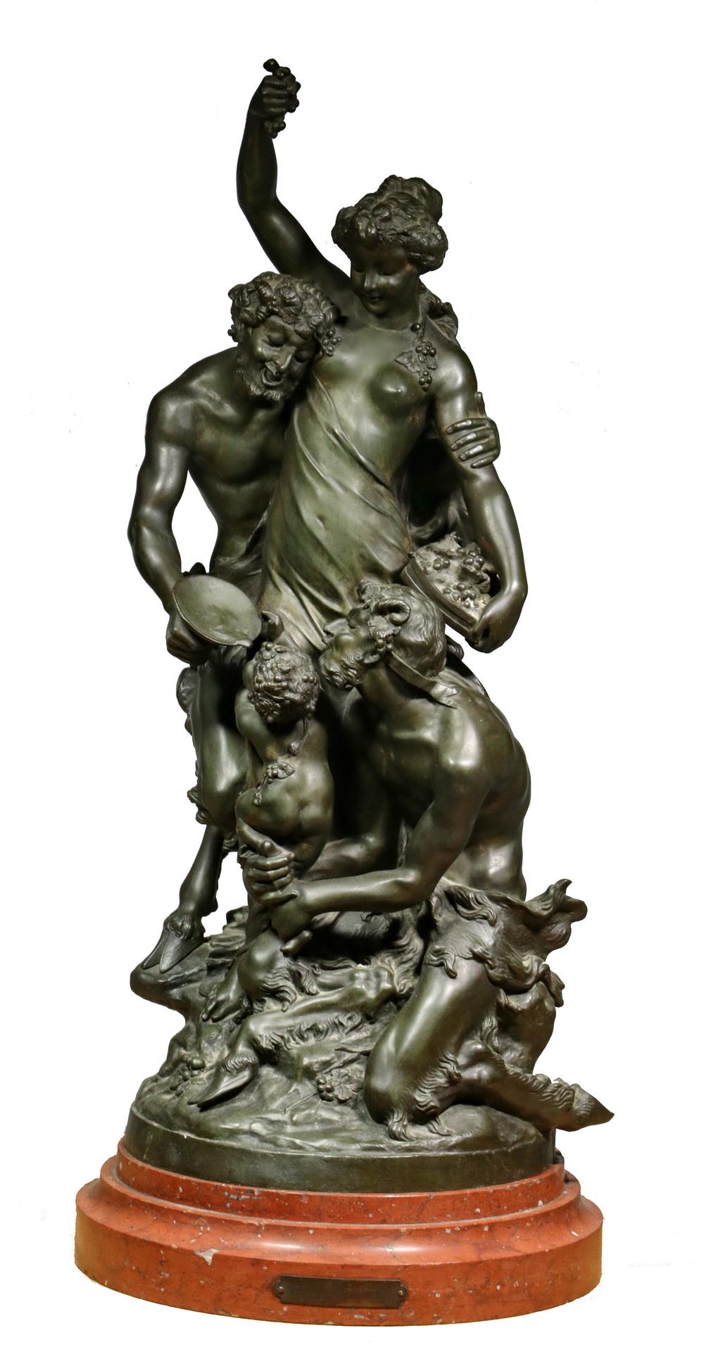 AFTER MICHEL CLAUDE CLODION (FRANCE, 1738-1814): "Education du Bacchus", depicting a Bacchanalian group of woman and satyrs, late 19th c., cast bronze, signed "Clodion" on back, set on red marble plinth with rotating pin, 33 1/2" tall overall. Good 