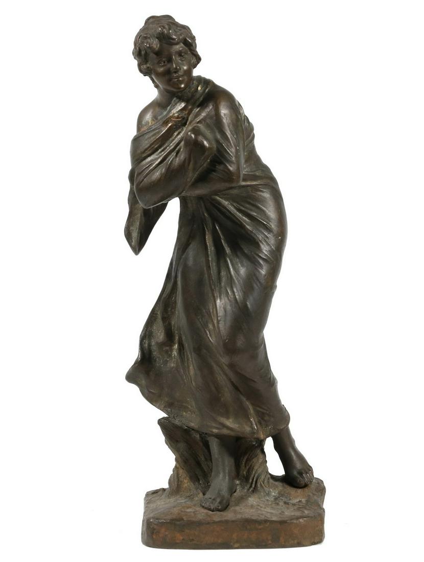 EUGENE MARIOTON (FRANCE, 1857-1933): Approaching Storm, two part cast bronze in remnants of gilding, the figure of a windblown woman pinned to the base, signed "Eug. Marioton, hors concours". 11 3/4" tall. Good condition.