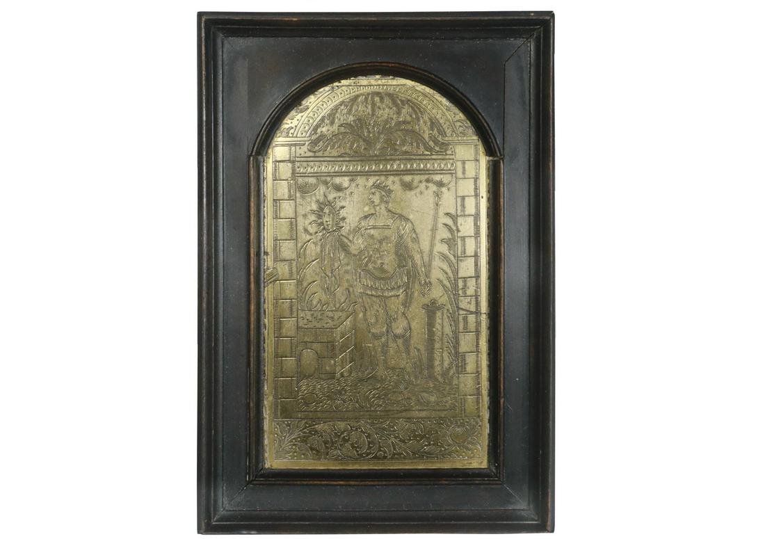 17TH C. SOUTH GERMAN ENGRAVED GILT PLAQUE: Tablet of the Sun God Apollo, featuring attributes of fire as gifted by the golden orb, held by the god, who appears in Roman armor wielding a staff in his other hand, a forge in front and pedestal su