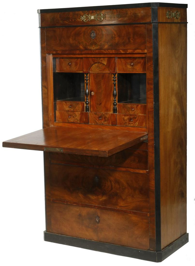 BIEDERMEIER FALL FRONT ABATANT: 19th c. Bronze Mounted Fruitwood and Mahogany Abatant, with bookmatched figured mahogany veneered front surface and applied ebony edging, shaped cut corner top, top drawer above fall front desk with f