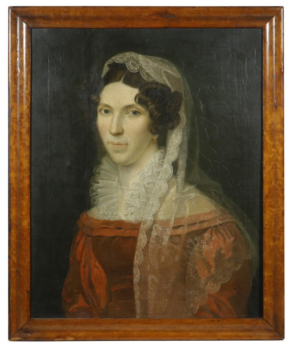 18TH C. CONTINENTAL PORTRAIT: Portrait of a Confident Middle-aged Woman with auburn hair in ringlets, a slight smile playing on her lips, in a flame red satin gown with ruffled lace collar and mantle, wearing a gold hoop earring a