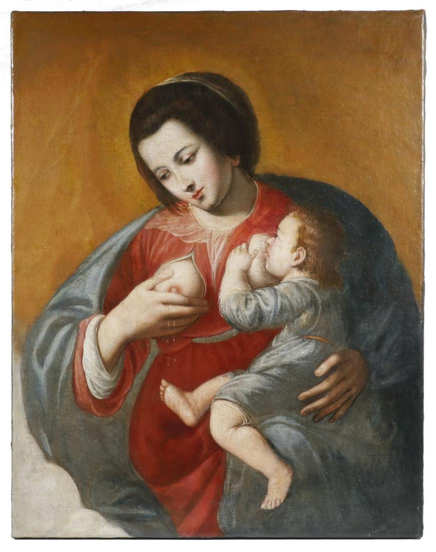 17TH C. ITALIAN RELIGIOUS PAINTING: The Nursing Madonna (Virgo Lactans), oil on canvas, unsigned, depicting the Virgin breastfeeding the Infant Jesus, while expressing milk from her other exposed breast, unframed, 30 1/2" x 24". Cleaned