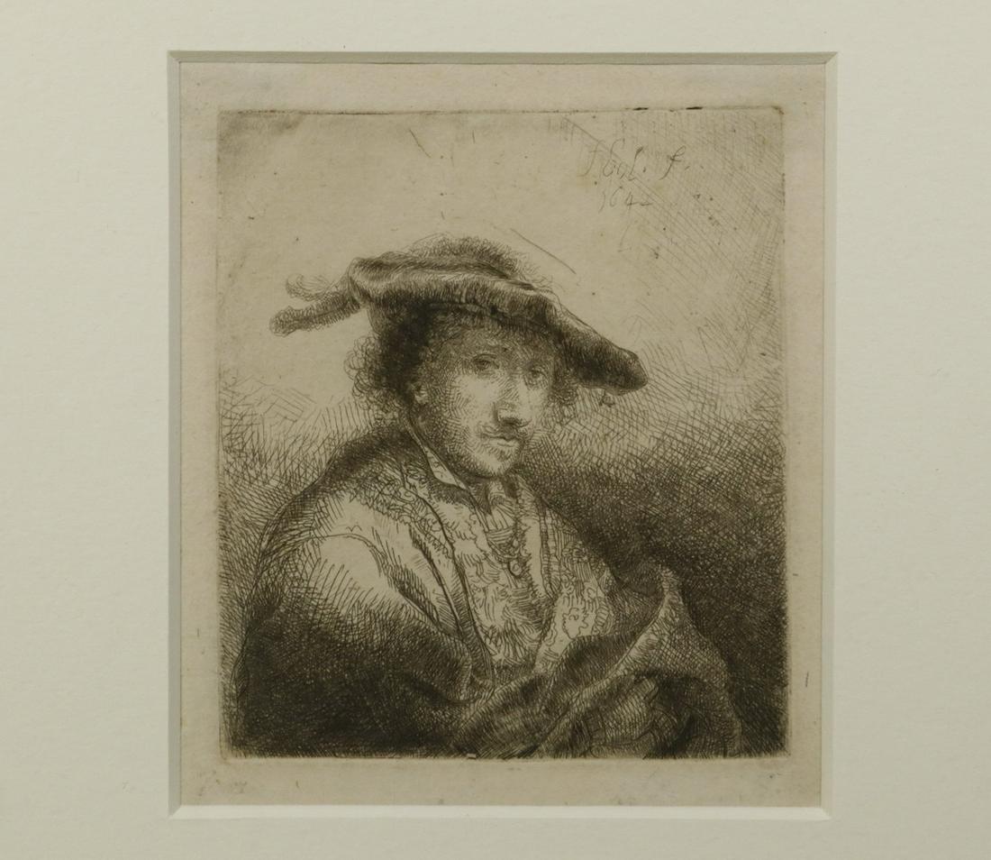 FERDINAND BOL (NETHERLANDS, 1616-1680): "Young Man Wearing a Plumed Cap", etching with touches of drypoint on wove paper, 1642, Hollstein 14, only state, signed in plate upper right "F. Bols f., 1642", photocopy of backing with notations ve