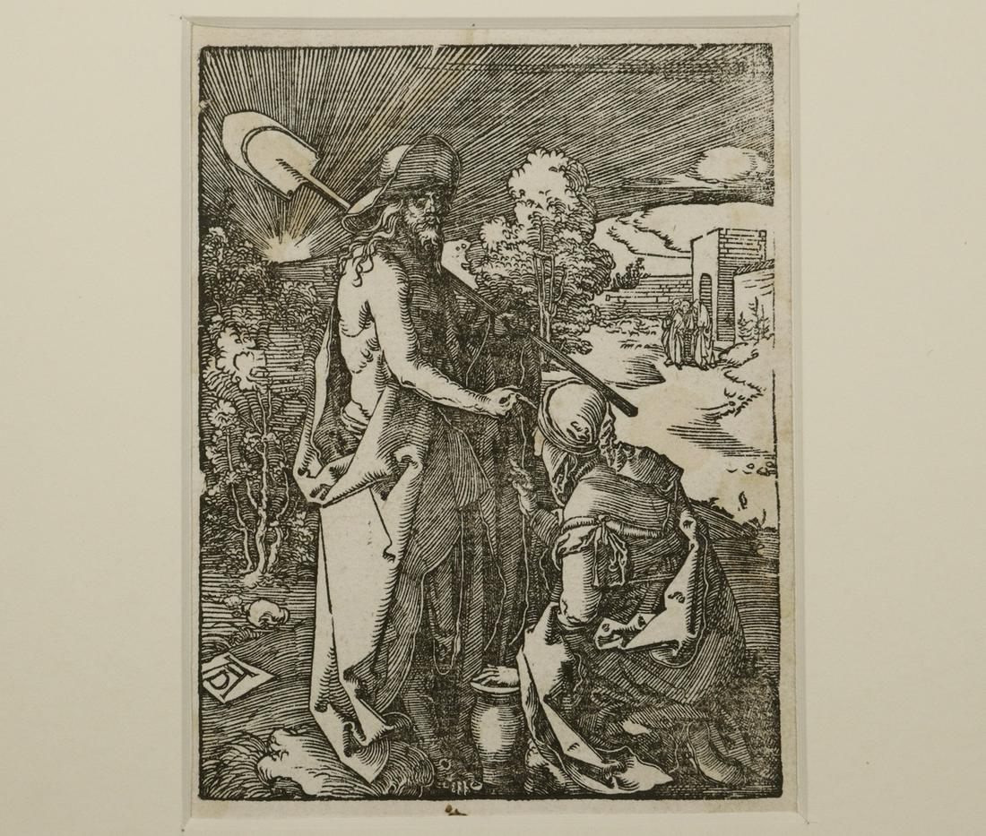 ALBRECHT DURER (GERMANY, 1471-1528): "Noli me Tangere", from the "Small Passion", wood engraving on laid paper, monogrammed in the print, 5" x 3 7/8" image on 5 7/8" x 4 1/2" sheet with number '38' inked at bottom, unframed, tipped in by
