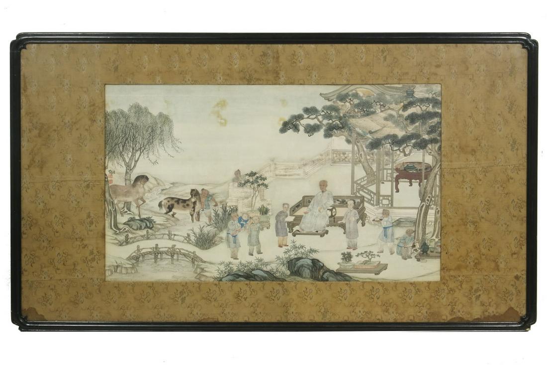 FINE CHINESE QING SILK PAINTING: 18th c. Straits Settlements depiction of a child being presented to a noble on his open veranda overlooking a river valley, signed and with two seals center left edge; he is shown seated on a couch, w