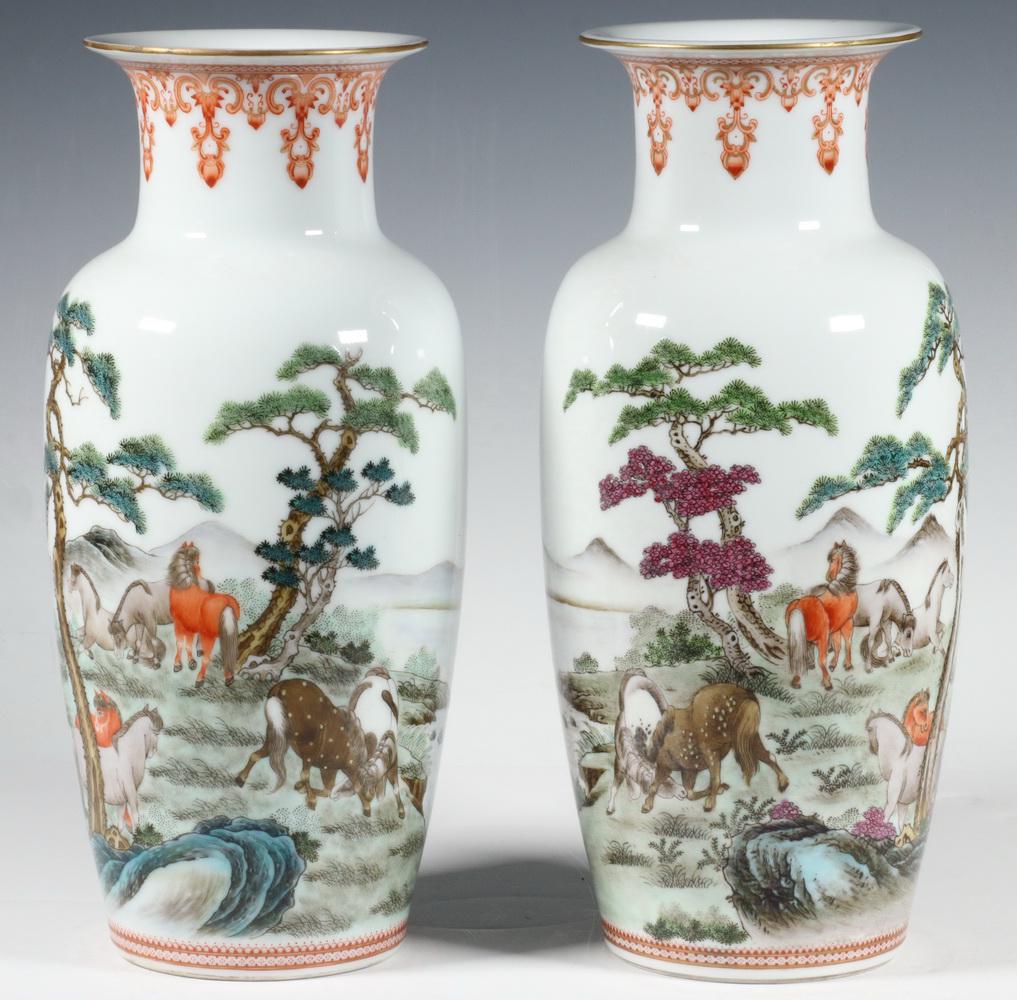 PR CHINESE "EIGHT HORSES OF WANG MU" VASES: Pair of 20th c. Chinese Famille Rose Porcelain Baluster Vases, with painted image and calligraphy depicting the "Eight Horses of Wang Mu" story, an epic of a Zhou dynasty emperor's travels in a chario
