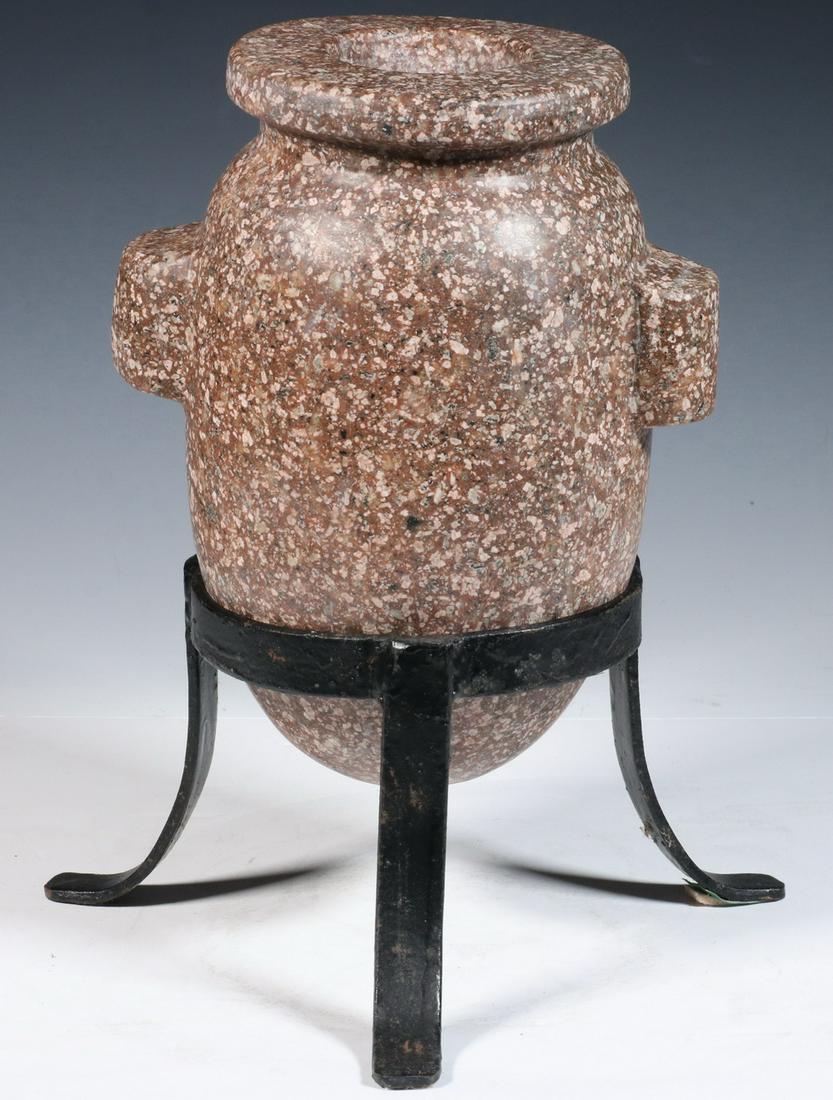 20TH C. EGYPTIAN PORPHYRY VESSEL: Large Amphorae Jar rendered in Pink Porphyry with feldspar phenocrysts, in elongated ovoid form with rounded bottom, two tall half round lugs, waisted flared rim, 10 3/4" x 6 1/2" diam, plus 1 1/4" lu